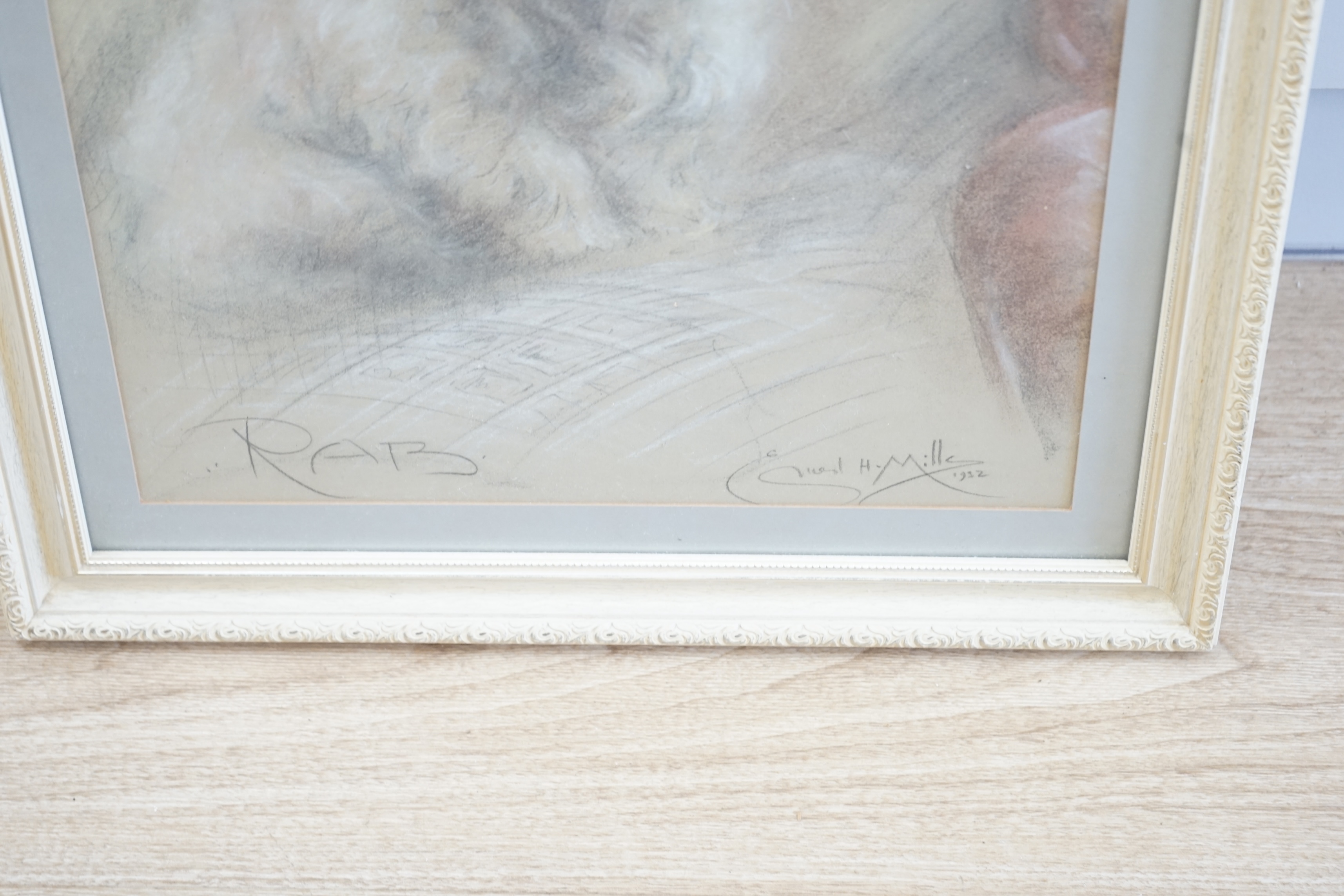Ernest H Mills, Art Deco heightened chalk, Study of a dog, 'Rab', signed and dated 1932, 50 x 35cm. Condition - fair